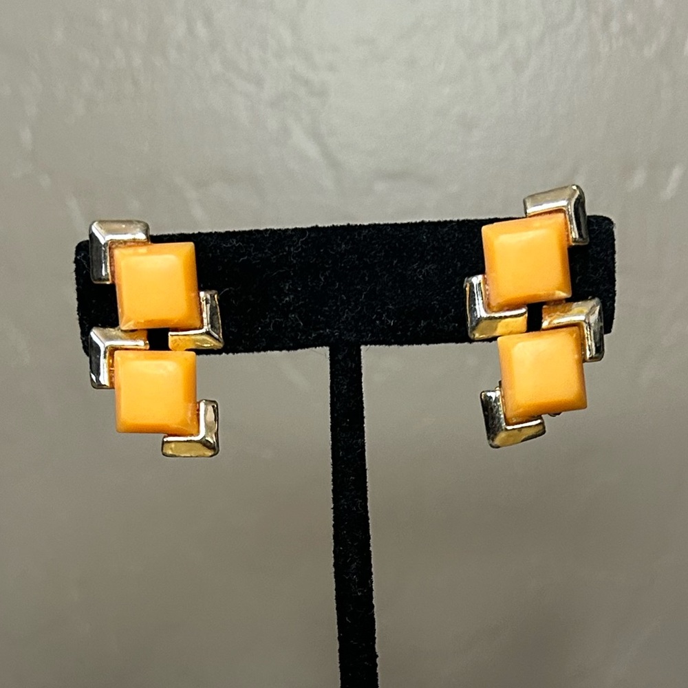 Orange & Gold Geometric Vintage Double Square Clip-On Earrings